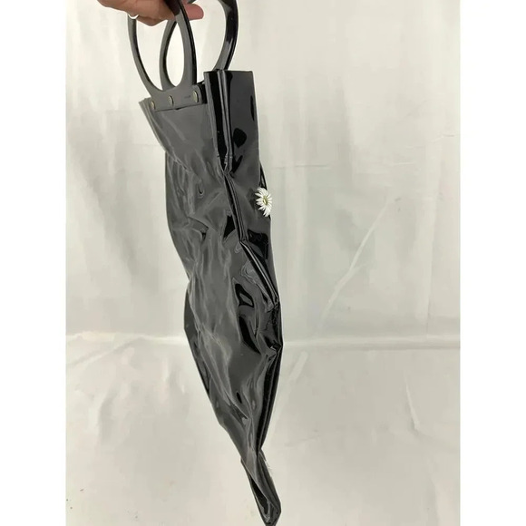 VTG Black Vinyl Daisy 3D Tote Bag Purse 14"x15" Retro Textured Round Handles - Picture 13 of 15